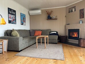 Ein gemütliches Wohnzimmer mit grauem Sofa, einem kleinen Holztisch, einem Kamin und Wand-Klimaanlage.