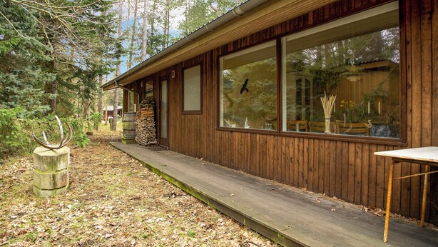 A wooden cabin with large windows, a wooden deck, and a stone sculpture. - Nice summer house in the middle of the forest (Store Fuglede)