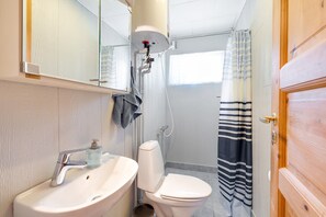 Ein Badezimmer mit Waschbecken, Toilette, Dusche und einer Holztür.