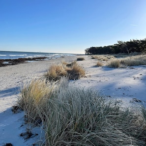 A beach with sand, grass, and a clear sky.