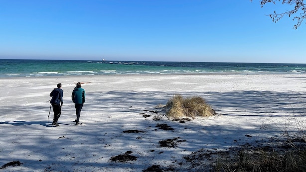 A beach with two people standing, a clear sky, and the ocean in the background. - Holiday apartment in peaceful surroundings (Nexø)