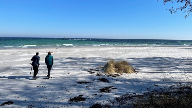 A beach with two people standing, a clear sky, and the ocean in the background. - Holiday apartment in peaceful surroundings (Nexø)