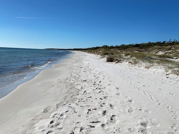 A sandy beach with footprints, a clear sky, and a distant shoreline.