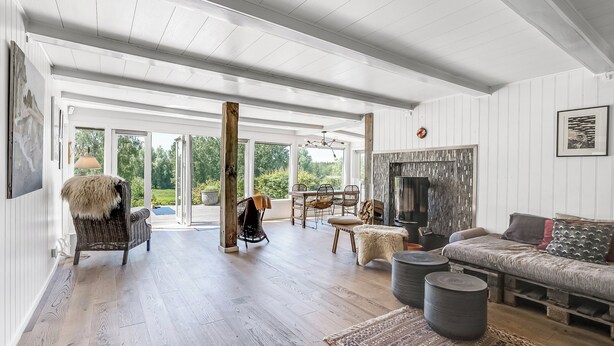 Un salon spacieux doté d’une cheminée, de parquet et d’une grande fenêtre donnant sur un espace verdoyant.