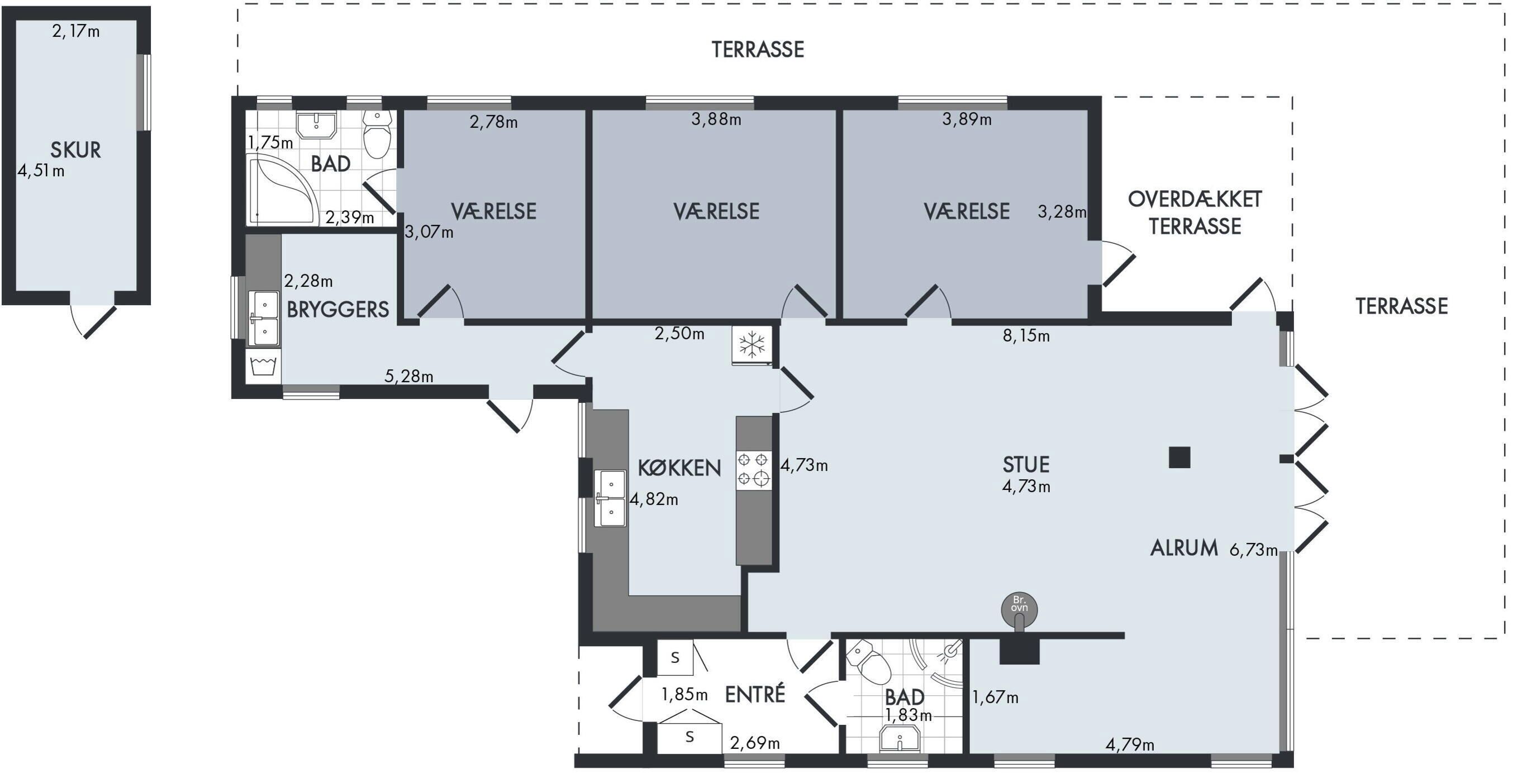 Plano de un hotel con tres dormitorios, un baño, una cocina y una terraza.