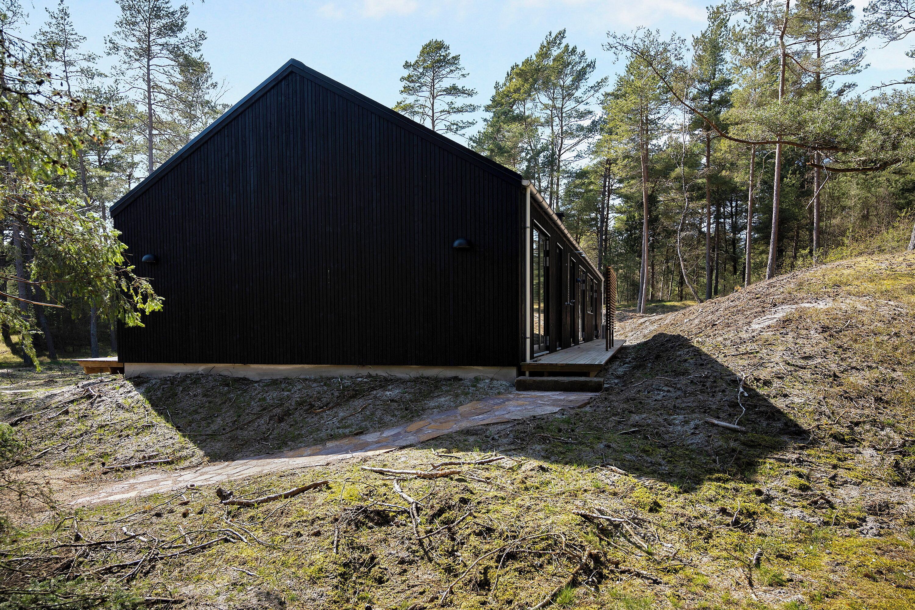 Ein modernes Gebäude mit geneigtem Dach, einer Holzterrasse und einem Wald im Hintergrund.