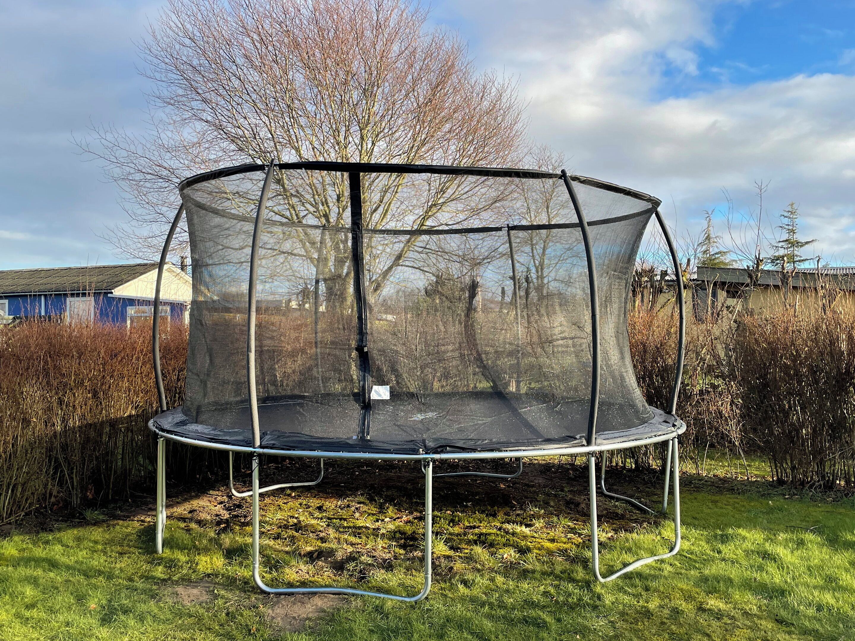 Un trampolino con rete di sicurezza, circondato da erba e cespugli, con un albero e un edificio sullo sfondo.