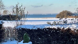 Un jardín nevado con seto, un árbol pequeño y vistas al mar.