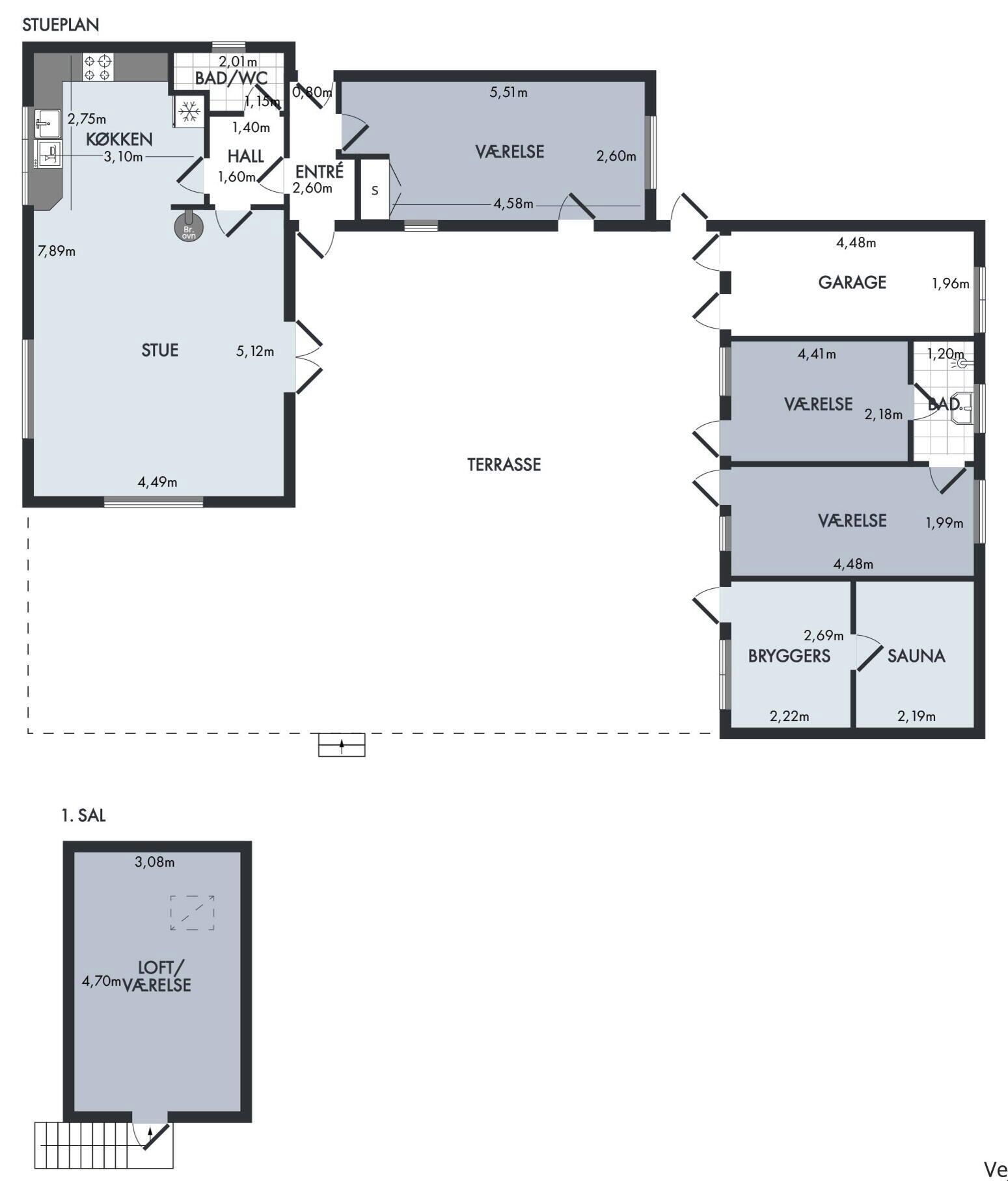 Grundriss eines Hotels mit Wohnzimmer, Küche, Bad und einer Terrasse.