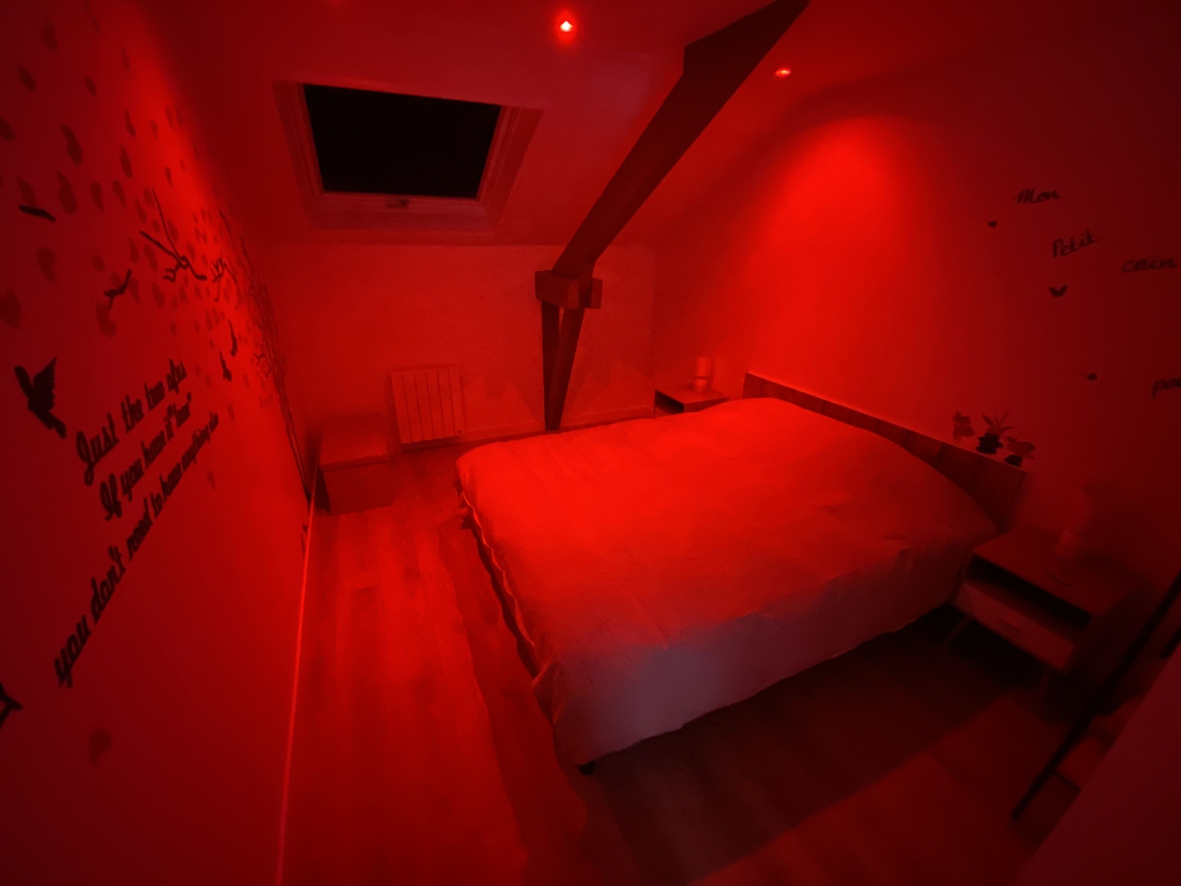 A bedroom with a bed, a window, and a sloped ceiling.