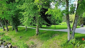 Ein Park mit einem kleinen Bach, Bäumen und einem gepflasterten Weg.