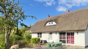 Een rieten huis met een tuinpatio, een vijver en een grote boom.