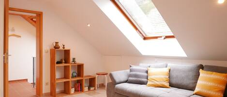 A loft-style room with a sloped ceiling, a built-in wooden bookshelf, a grey sofa with patterned cushions, and a skylight.