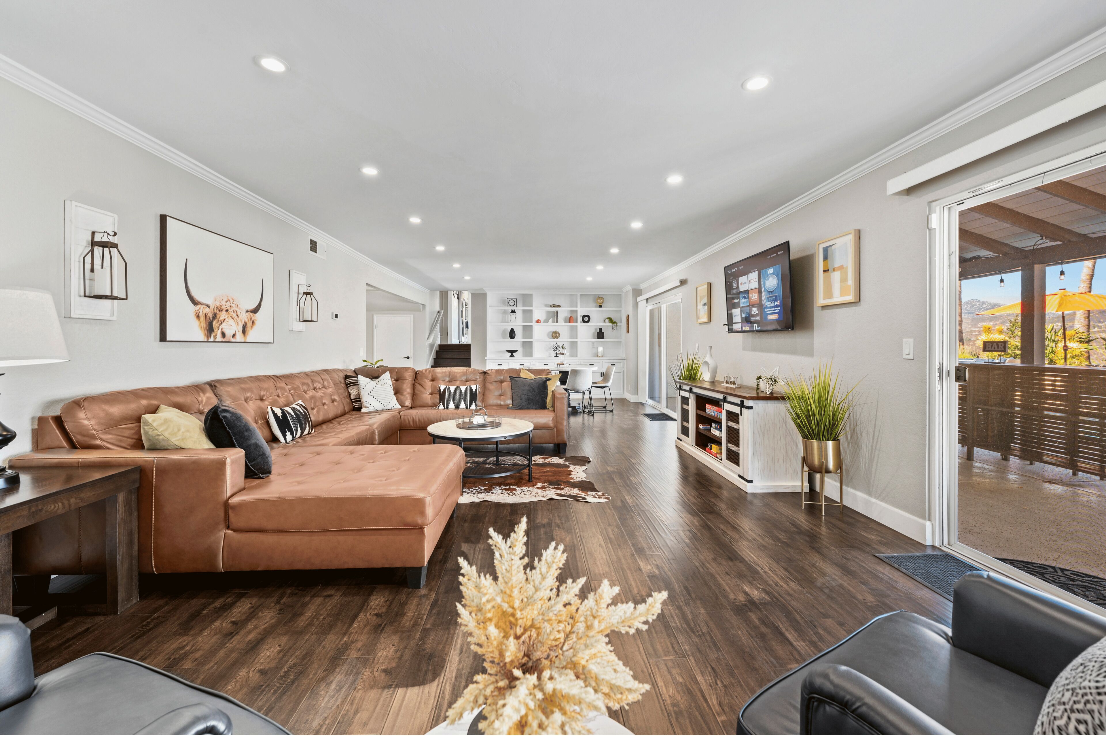 Smart TV, fireplace, video games, foosball