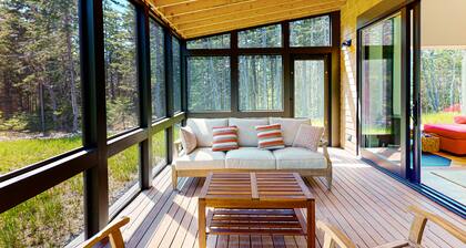 Quiet, modern, dog-friendly home with ocean views, private trails & firepit