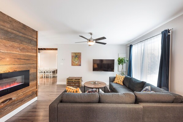 TV connectée, cheminée, livres