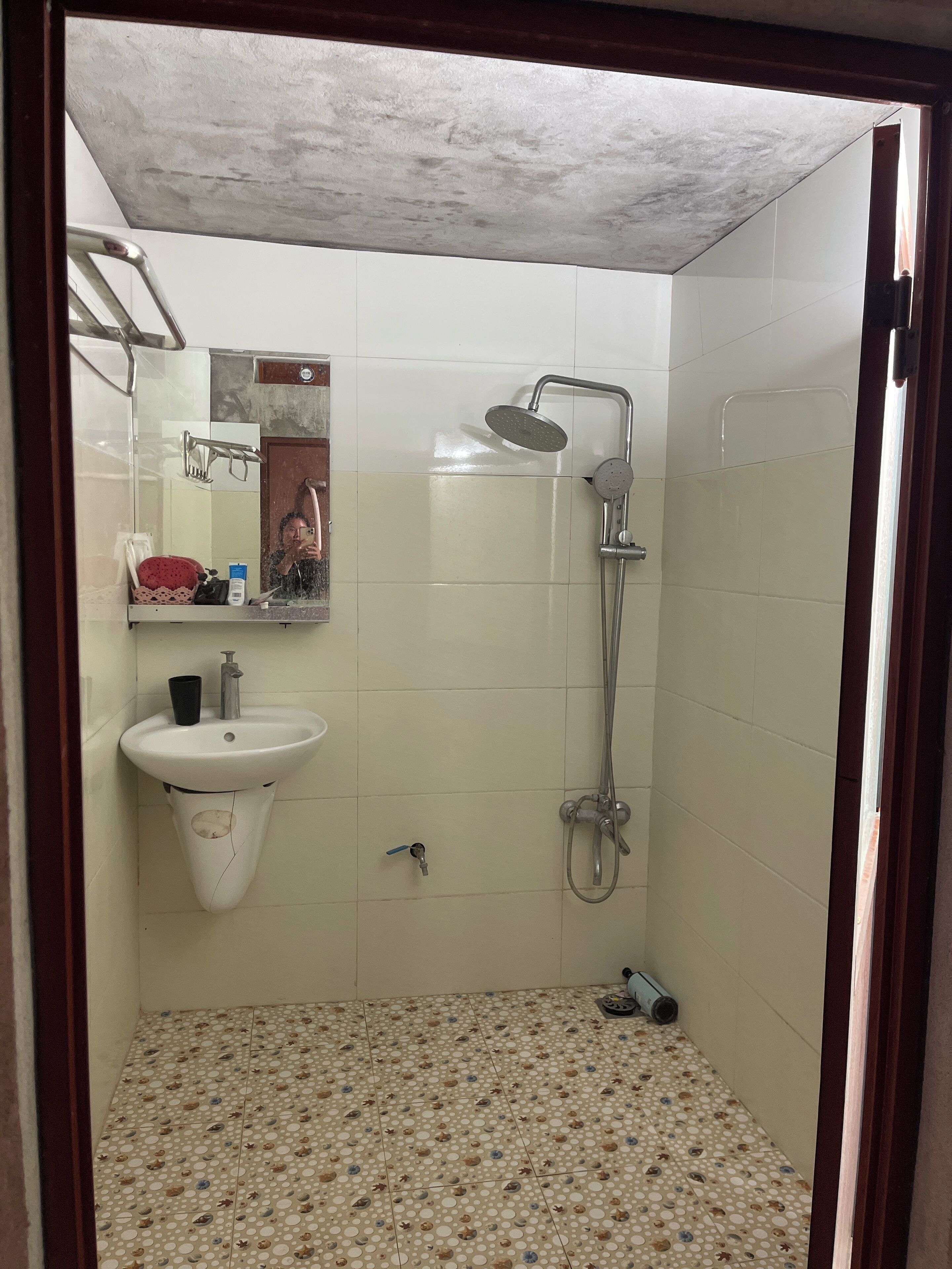 Un bany amb un lavabo, mirall, dutxa i rajoles de terra amb dibuixos.