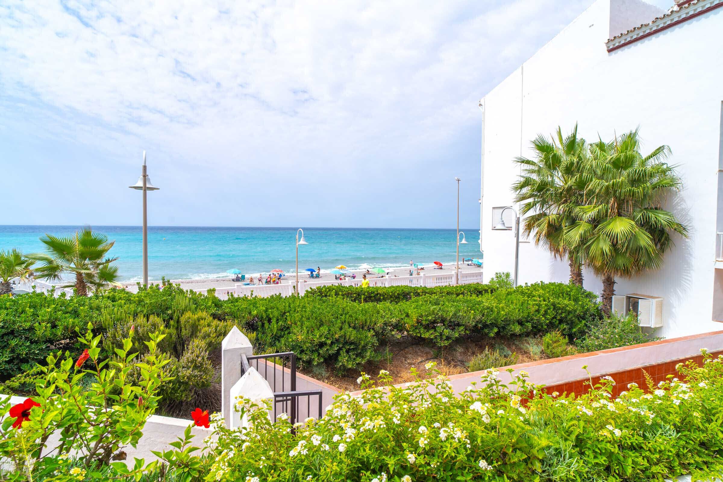 A coastal view with a beach, palm trees, and a white building with a balcony overlooking the sea.