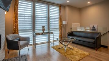 Smart TV, fireplace, books, stereo