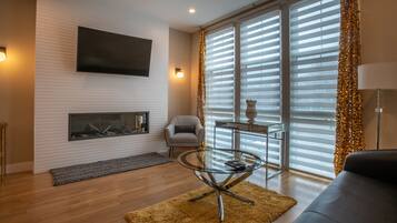 Smart TV, fireplace, books, stereo