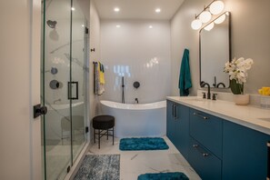 Hair dryer, towels, soap, shampoo