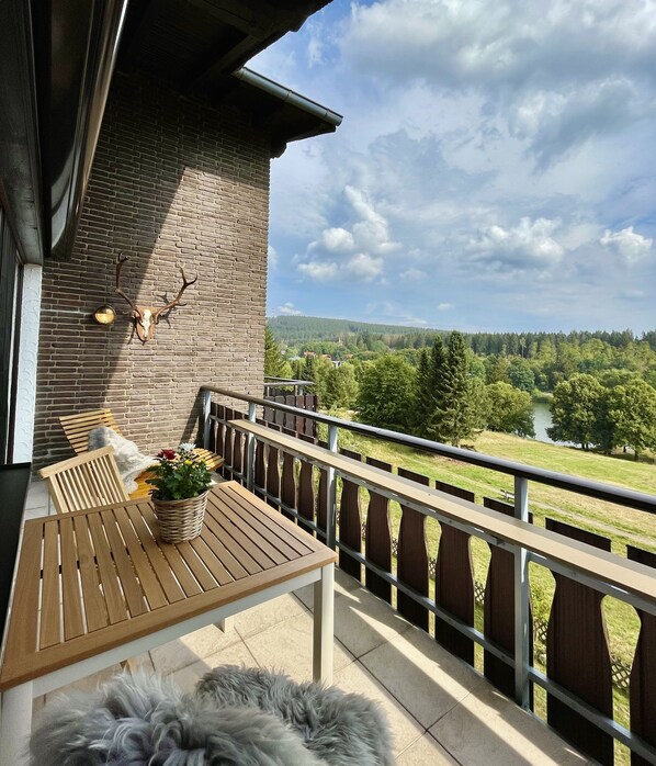A balcony with a wooden table, a potted plant, and a fluffy rug.