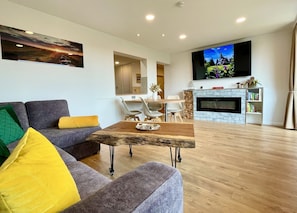 Smart TV, fireplace, books