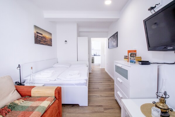 A hotel room with a bed, a desk, a television, and a view of the kitchen. - BLED LAKE HOUSE - Apartment LAKE (Radovljica)