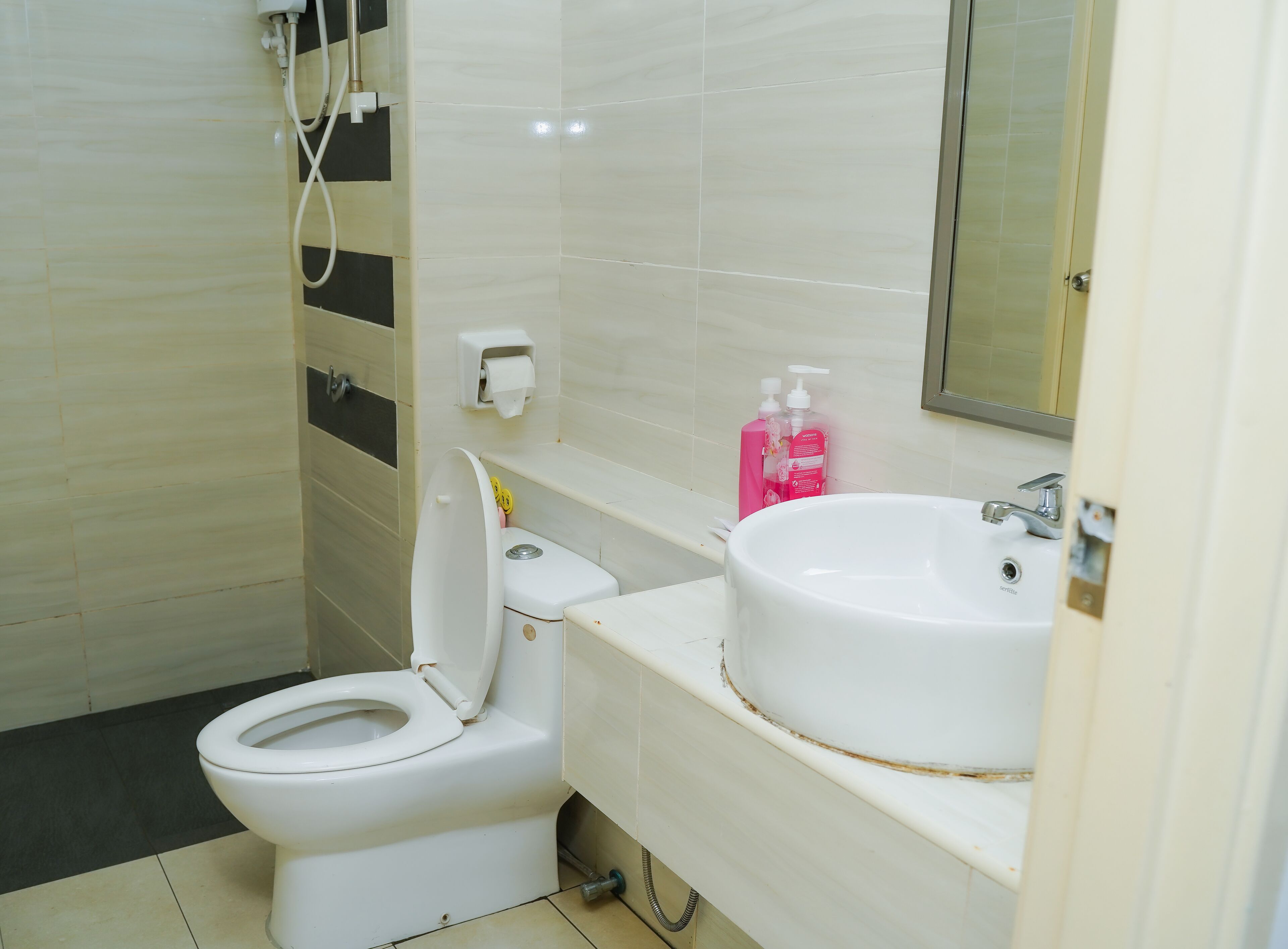 A bathroom with a toilet, sink, and mirror.