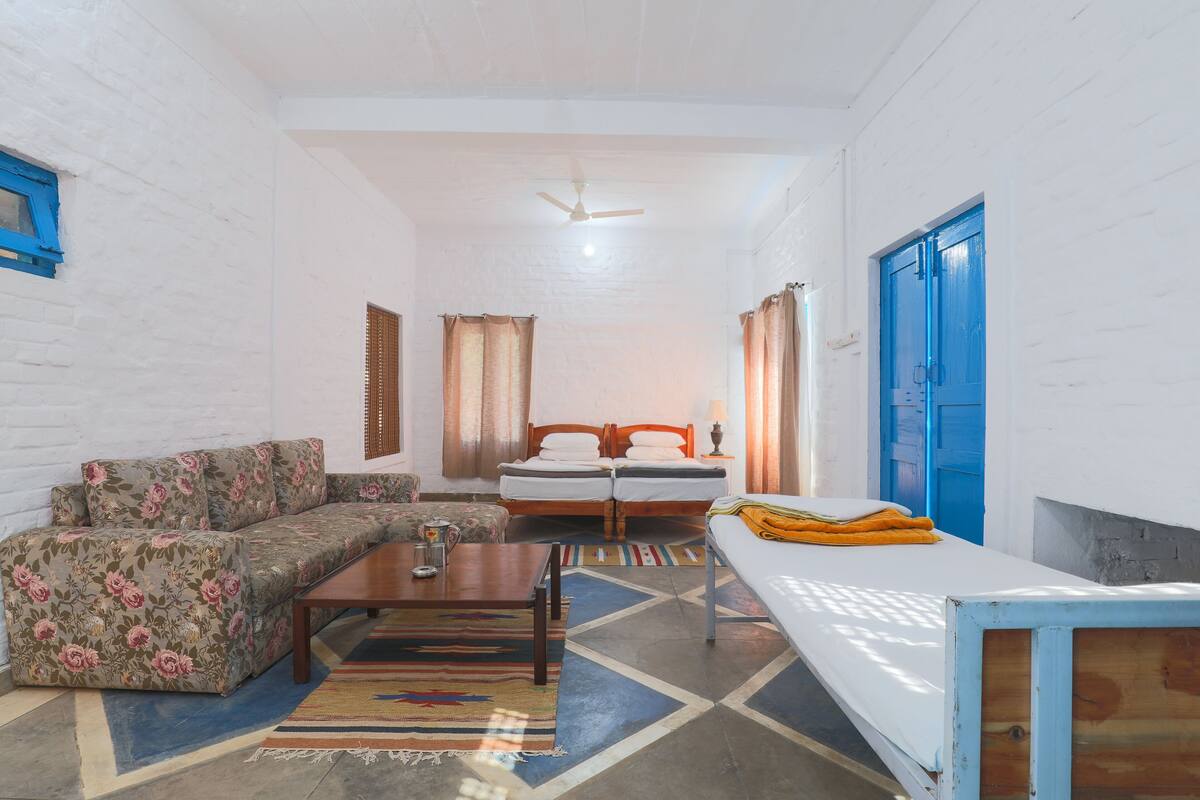 A room with a sofa, a bed, a small table, and a ceiling fan.