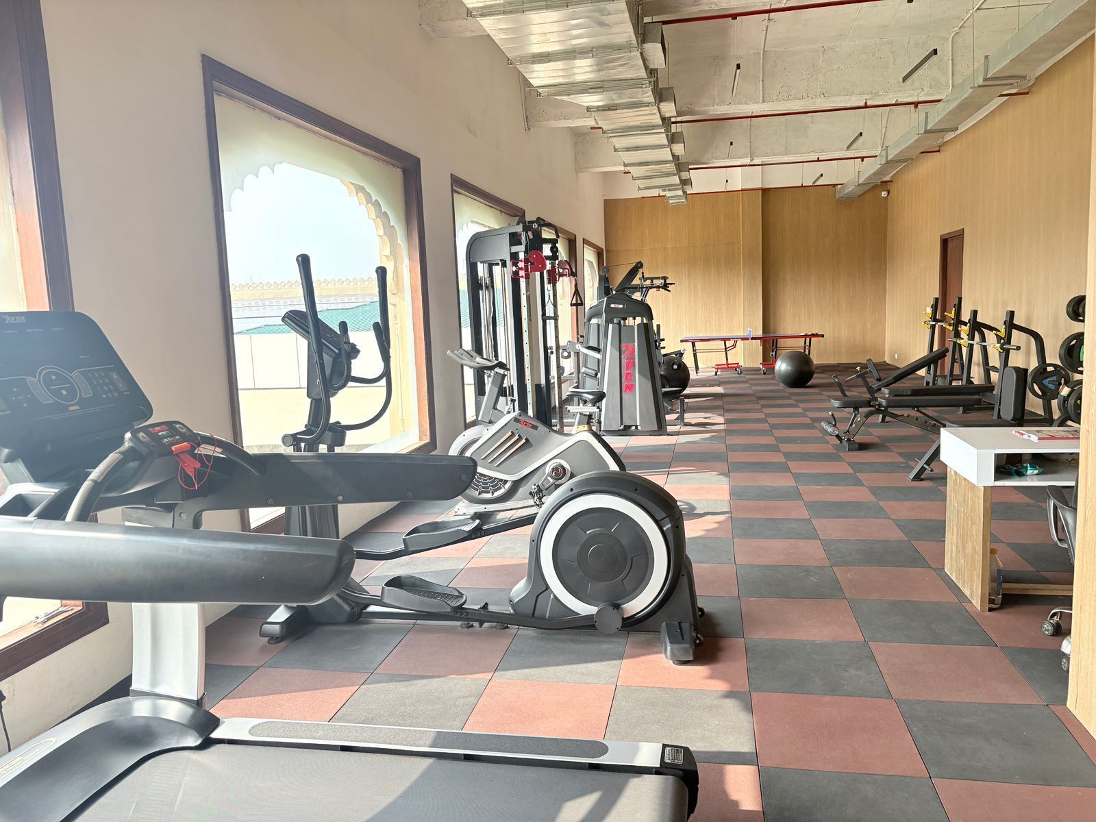A gym with cardio machines, weightlifting equipment, and a checkered floor.