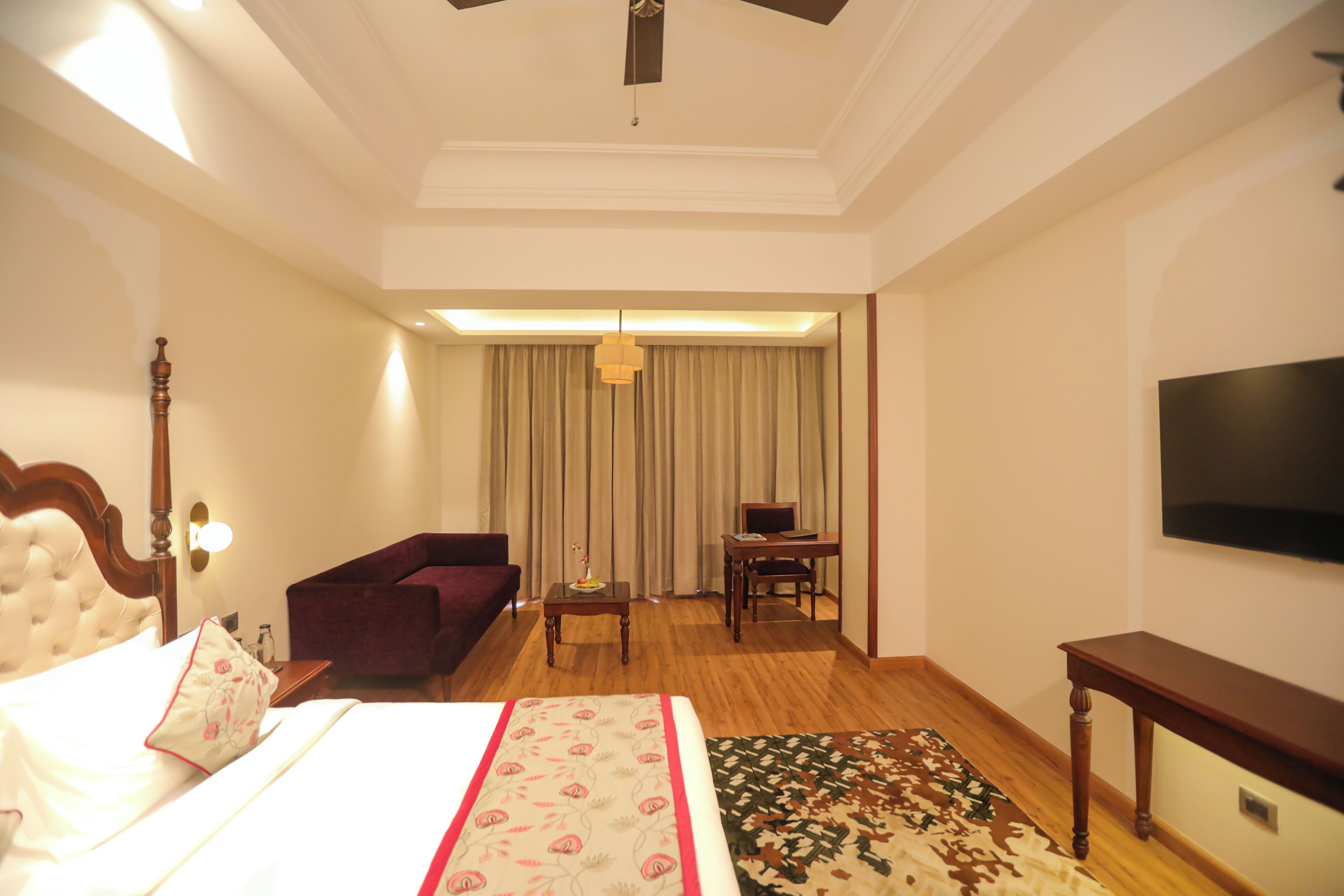 Une chambre d’hôtel équipée d’un lit, d’un canapé, d’un bureau, d’une télévision et d’un ventilateur de plafond.