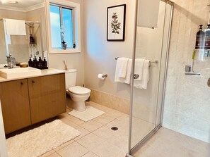 Shower, hair dryer, towels, soap