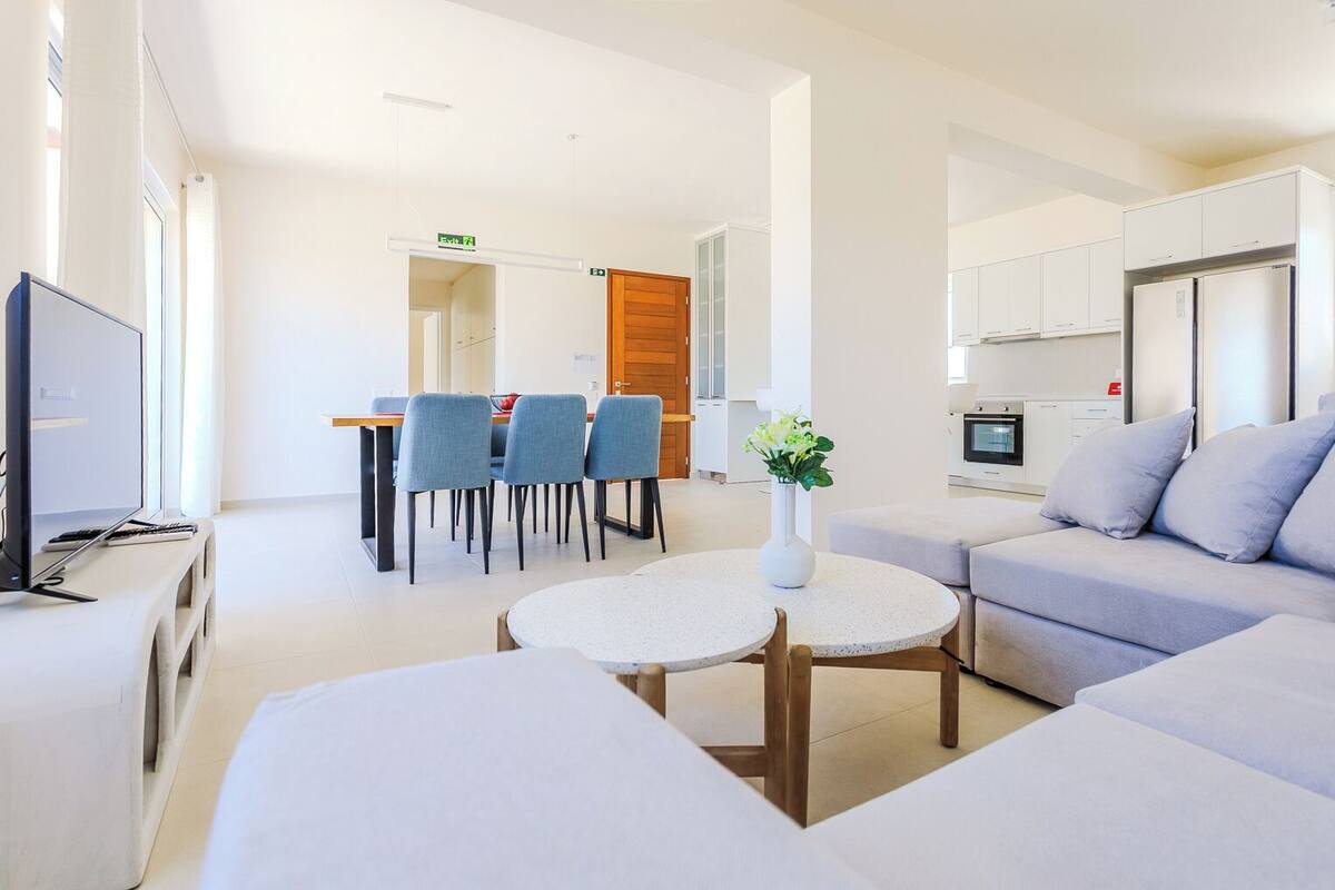 A modern living room with a sofa, a TV, a dining table with chairs, and a kitchen area.