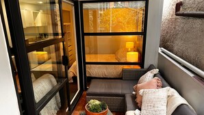 Une pièce chaleureuse avec un canapé, une petite table ornée d’une plante et une fenêtre donnant sur des arbres.