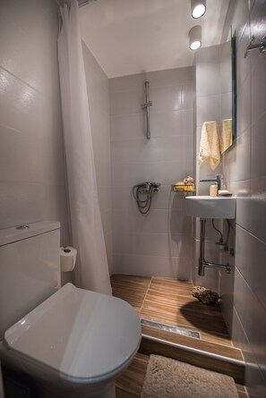 Douche, sèche-cheveux, serviettes fournies, savon