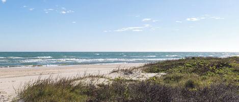 Ein Strand mit Dünen und Vegetation im Vordergrund, der zum Meer führt.