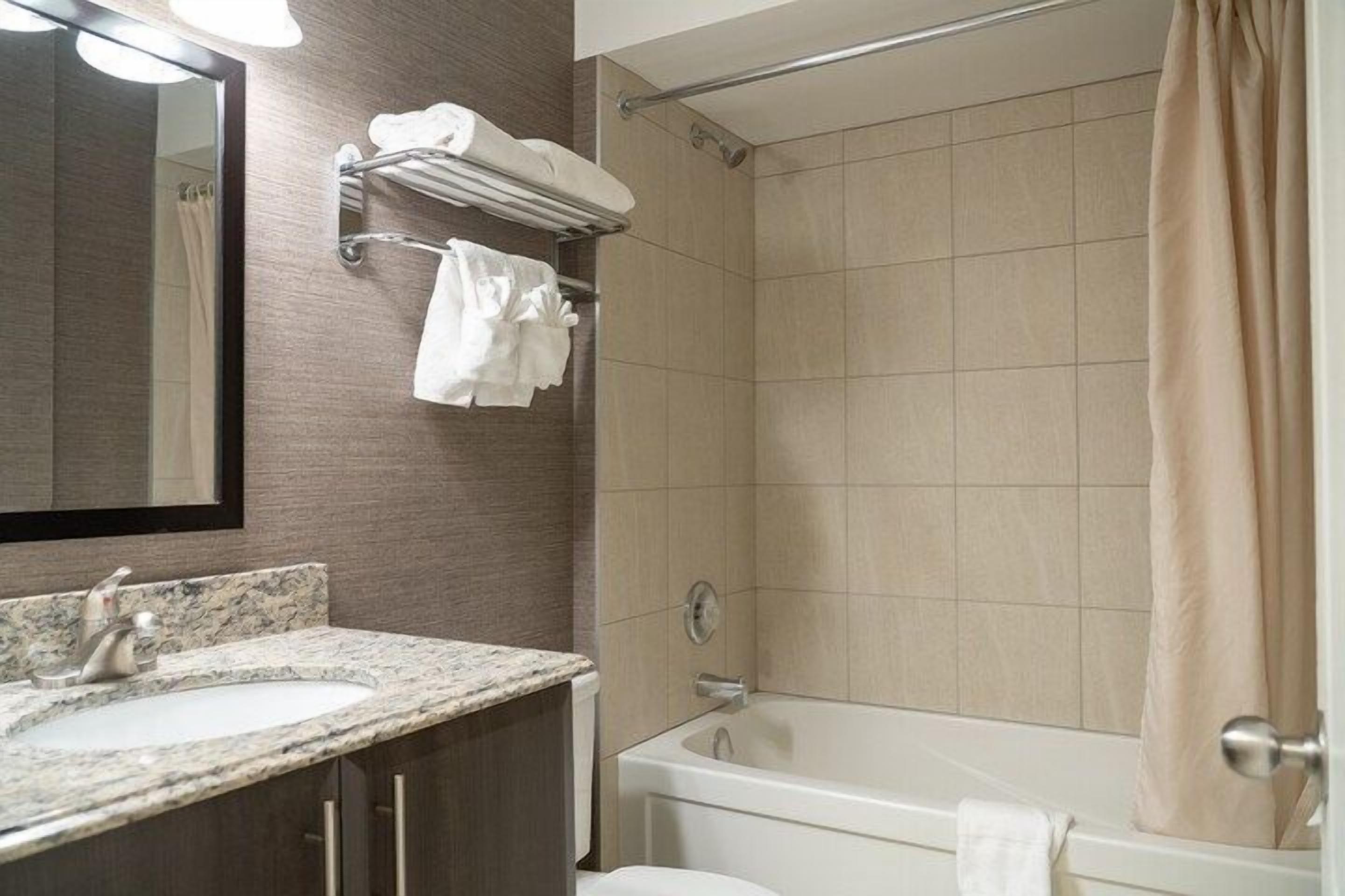 Hair dryer, towels, soap, shampoo