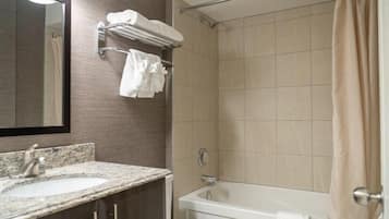 Hair dryer, towels, soap, shampoo