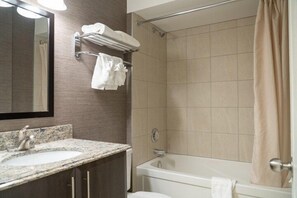 Hair dryer, towels, soap, shampoo