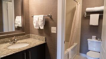 Hair dryer, towels, soap, shampoo