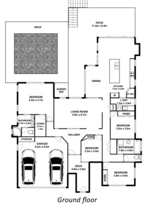 Enjoy a spacious ground floor layout with a pool area, dining area, kitchen, living room, and garden bed.