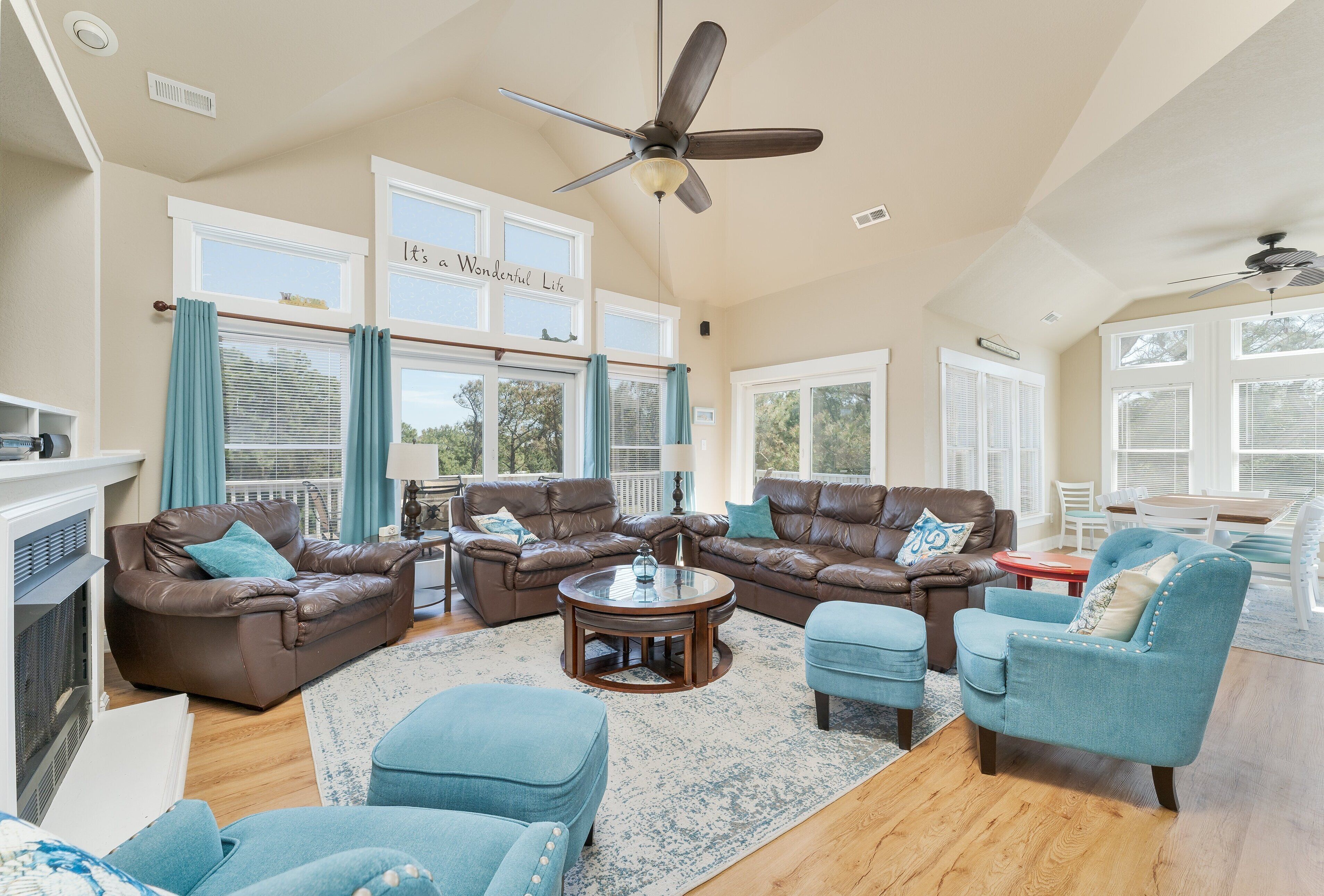 Flat-screen TV, fireplace, DVD player, video library