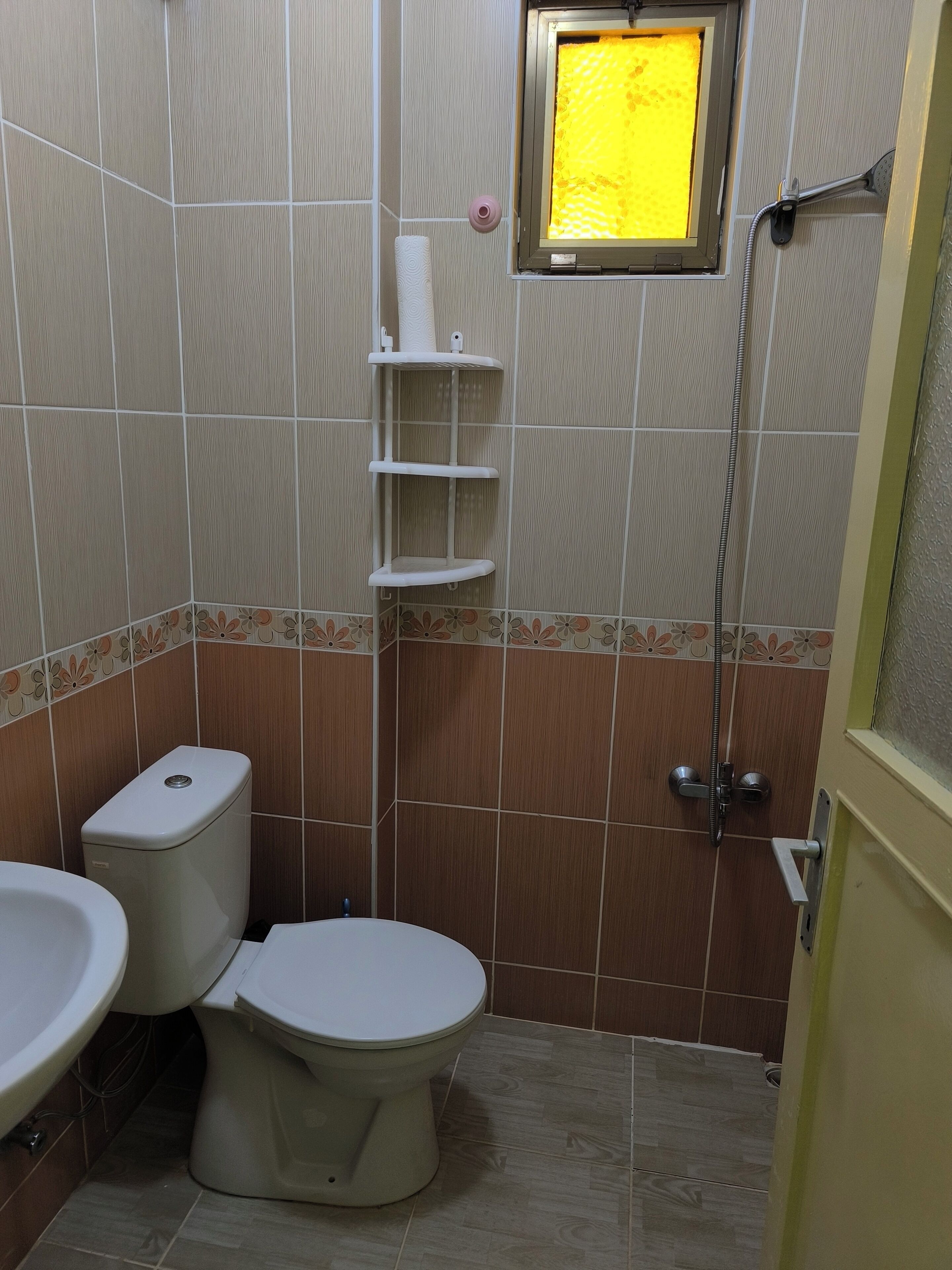 Un baño con inodoro, bidé y ducha.