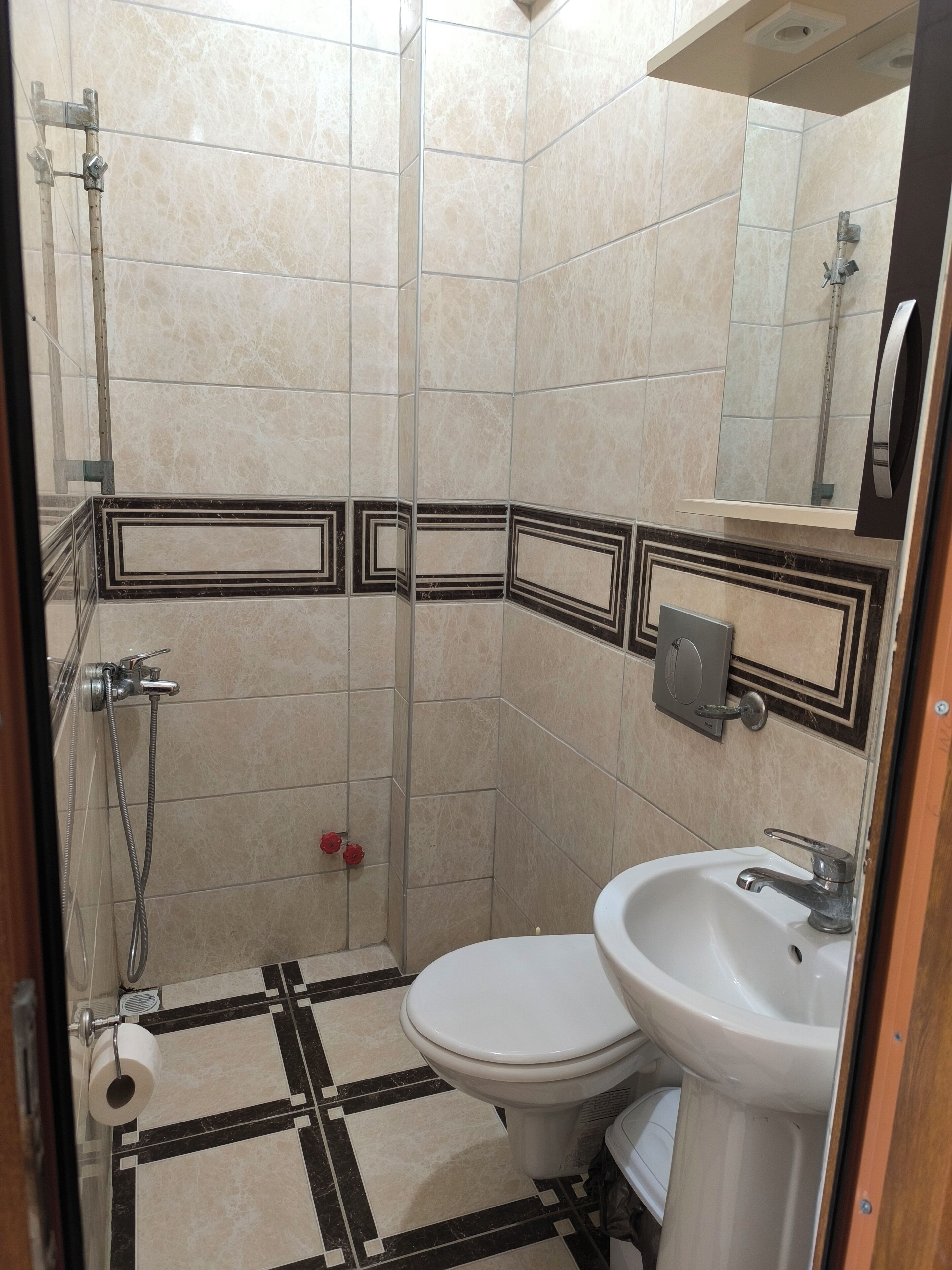 A bathroom with a toilet, sink, shower, and a mirror.