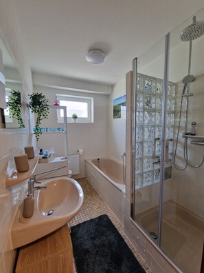 Shower, hair dryer, towels, soap