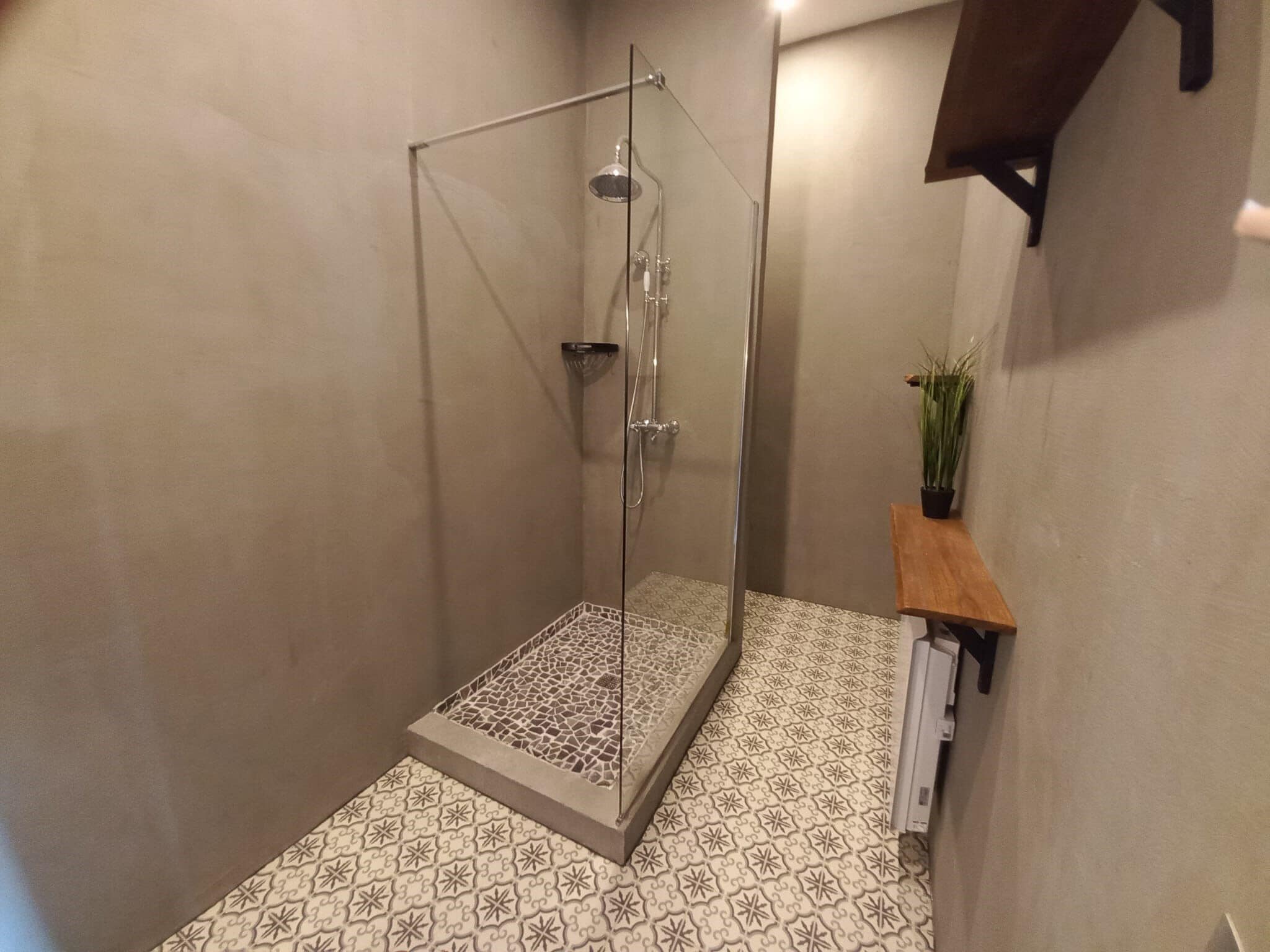 Une douche avec une porte en verre, un carrelage à motifs et une petite étagère en bois sur laquelle est posée une plante.