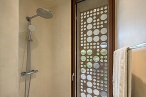 Shower, hair dryer, towels