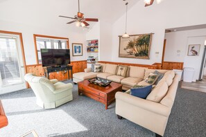 Smart TV, fireplace, DVD player, ping pong