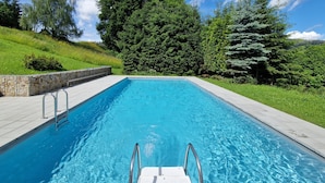 Ein rechteckiger Swimmingpool mit klarem, blauem Wasser, umgeben von einer Steindeck und Metallhandläufen.